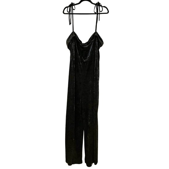 EUC Anthropologie Bellevue Tie Strap Black Crushed Velvet Wide Leg Jumpsuit - Picture 5 of 11